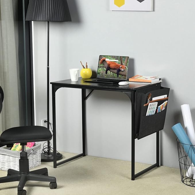 FurnitureR 31.5 inch Small Study Writing Table with Storage Bag Space Saving for Home Office, Modern PC Metal Frame Computer Desk, Black