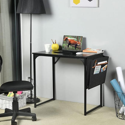 FurnitureR 31.5 inch Small Study Writing Table with Storage Bag Space Saving for Home Office, Modern PC Metal Frame Computer Desk, Black