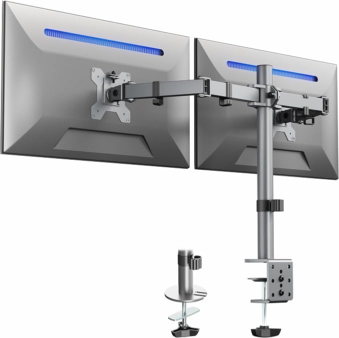 VIVO Dual Monitor Desk Mount, Heavy Duty Fully Adjustable Steel Stand, Holds 2 Computer Screens up to 30 inches and Max 22lbs Each, Gray Color, STAND-V002-GY