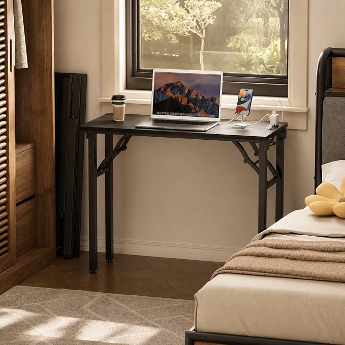 Folding Table Computer Desk - 35.8" No Assembly Folding Desk with Power Outlets & USB Charging Port, Small Desk, Foldable Office Desk, Compact Storage Portable Use for Small Space, Dark Oak