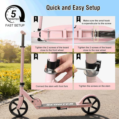 Scooter for Age 6+, Folding Kick Scooters for Kids 8-12,Teens, Adults up to 250Lbs,3 Adjustable Heights, Rear Brake, Wide Antislip Deck, Lightweight Scooter for Boys Girls