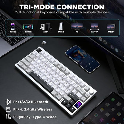 YUNZII AL80 75% Wireless Aluminum Mechanical Keyboard(Silver,Gateron Zero) | QMK/VIA, Smart LCD Display and Knob, Hot Swap, Gasket Structure, BT/2.4G/USB-C, RGB Keyboard for Gaming/Win/Mac