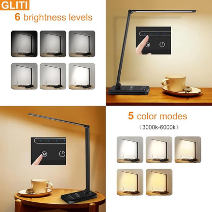 LED Desk Lamp with Wireless charging，Dimmable Desk Light, 5 Light Colors, 6 Brightness Levels, Touch Control Table Lamp with USB Rechargeable, Auto Timer, for College Dorm, Home, Office