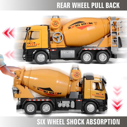 Cement Mixer Toy Truck Diecast Metal Cab Construction Truck Toys for Kids Boys and Girls Pull Back Cement Mixer with Lights and Sounds Construction Trucks for Toddlers 3-5