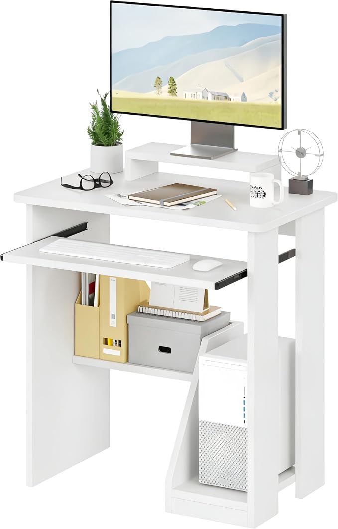 ALISENED 30 Inch Computer Desk, with Keyboard Tray & Monitor Stand | Compact Desk for Space-Saving, Ergonomic Study Desk with Storage Shelves for Writing, Gaming, Working, White