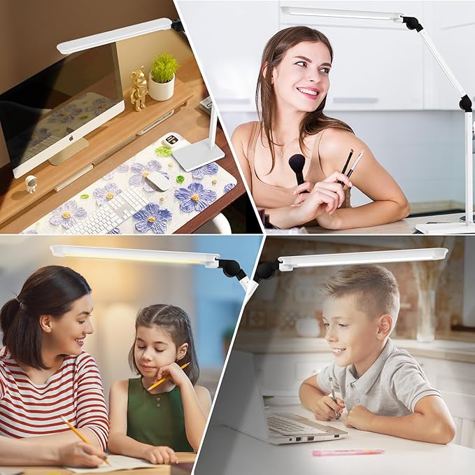 LED Desk Lamp with USB Charging Ports,Creative Touch Reading Light, with Memory Dual Light and Adjustable Swing Arm,15W 4 CCT Eye-Care Modes & 4 Brightness Levels Table Lamp for Home Office-White