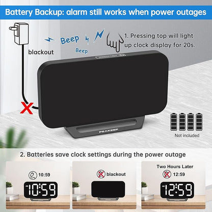 Peakeep Small Digital Alarm Clock for Bedrooms, Loud for Heavy Sleepers | Dimmable Plug in Electric Large Numbers Clock Battery Backup, Slim Clock for Table Office Modern Living Room (BW)