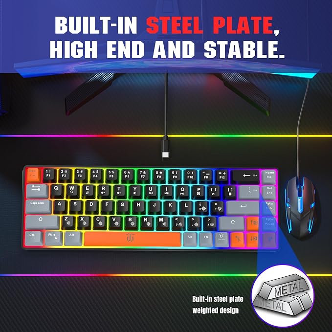 Snpurdiri 60% Percent Gaming Keyboard (68 Keys, Black-Grey-Orange) | Compact RGB Backlit Small Gaming Keyboard for Windows, PC, Laptop