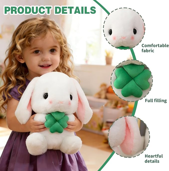 HOUPU Soft Toy - Sitting Lop Eared Rabbit, Easter White Rabbit Stuffed Bunny Animal with Carrot Soft Lovely Realistic Long-Eared Standing Pink Plush Toys (White-Four Leaf,8.6in/22cm)