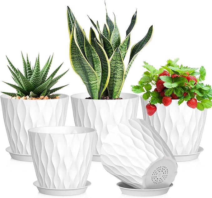 7 inch Plant Pots for Indoor Outdoor Plants, 5 Pack Thick Nursery Pots with Drainage Holes and Saucers, 3D Modern Wave Texture Plastic Planter Pots for Flowers and House Plants, White