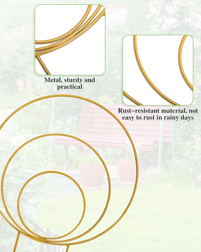 3 Pack Premium Round Plant Trellis Indoor, Small Metal Plant Support Stake for Climbing Plants, Different Sizes Gold Garden Trellis for Ivy and Flowers Outdoor