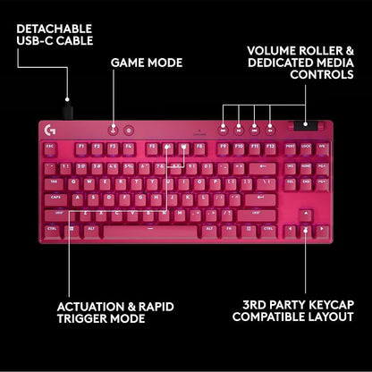 Logitech G PRO X TKL Rapid Gaming Keyboard (Hall-Effect) - Magenta | Hall-Effect Magnetic Analog Switches with Rapid Trigger, Lightsync RGB, Detachable USB-C Cable, Volume Roller & Media Buttons