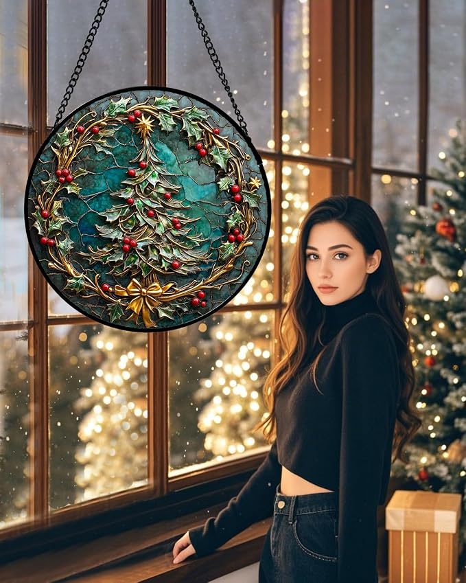 DASTOLL Stained Glass Window Hangings - Red Gold Green Wreath Suncatcher for Door Home Christmas Tree Decoration Sun Catcher Thanksgiving New Year Birthday Gift for Women Men Mom Grandma 9.8 in