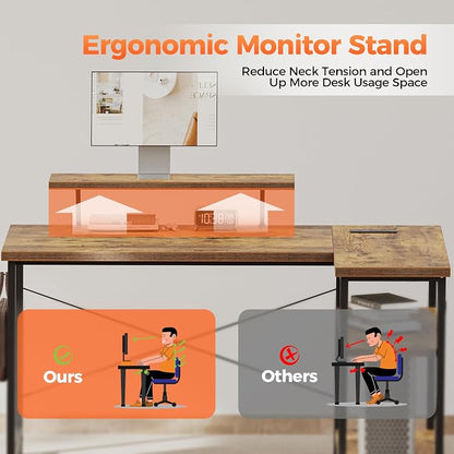 Mericonia 55 in L Shaped Gaming Desk, Large Corner Desk with Monitor Stand | Reversible Computer Desk with Power Outlets, LED Light & Storage Shelves, Office Table for Home Bedroom Study Work Writing