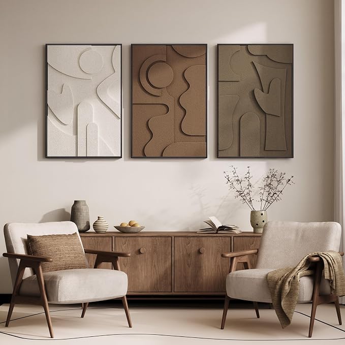Large Framed 3D Textured Wall Art for Living Room, Set of 3 Abstract Geometric Wall Decor, Modern Neutral Brown Minimalist Pictures Artwork for Bedroom Dining Room Hallway Office, 24x36 Inch
