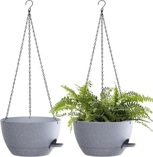 10 Inch Hanging Baskets 2 PC with Chains, Self-Watering Hanging Planters for Indoor Outdoor Plants, Plastic Hanging Flower Pots,Speckled Grey