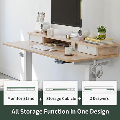 FEZIBO 55 x 24 Inch Height Adjustable Electric Standing Desk with Double Drawer, Stand Up Desk with Storage Shelf, Sit Stand Desk, Maple