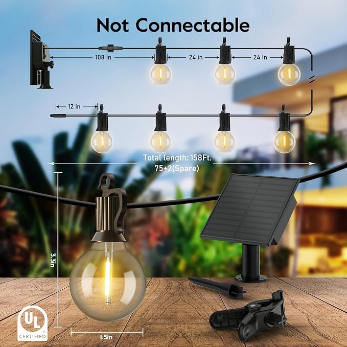 Minetom 158FT Solar String Lights Outdoor with Cable Ties and Hooks, Commercial Waterproof Solar Powered Patio Lights with 75 LED Shatterproof Bulbs, Hanging Light for Outside Backyard Garden Decor