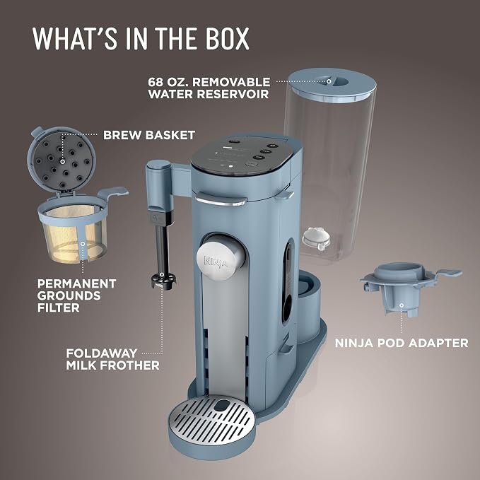 Ninja Pod & Grounds XL Coffee Maker, K-Cup Compatible, Denim Blue, PB055ABL | Brews Grounds, Compact Design, Built-In Milk Frother, 68-oz. Reservoir, 6oz. Cup-24oz. Mug Sizes