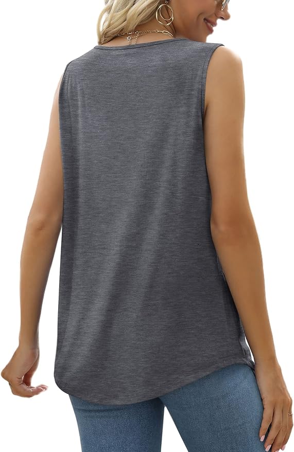 Saloogoe Summer Tank Tops for Women Loose Fit Pleated Square Neck Sleeveless Tops Curved Hem Flowy