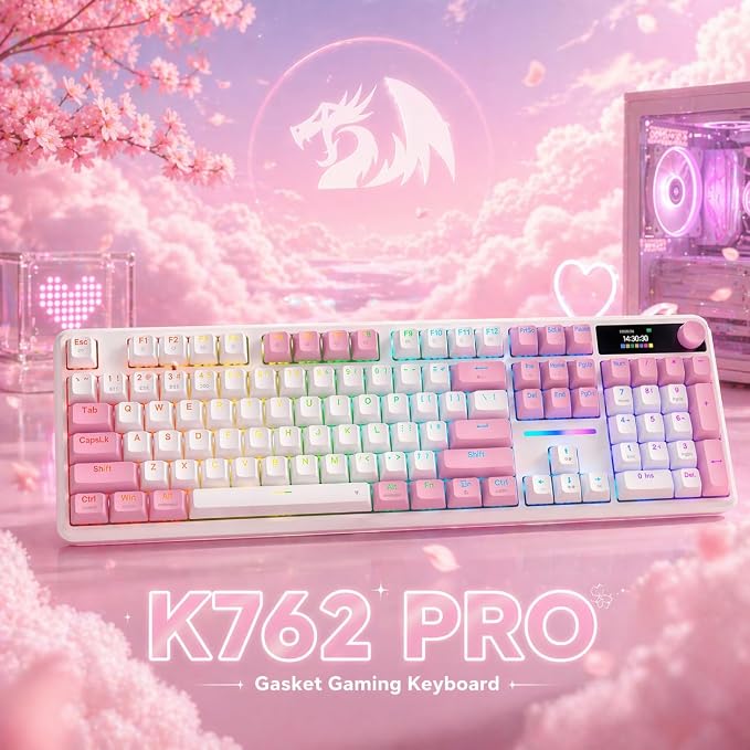 Redragon K762 PRO Wireless 104-Key Gasket Gaming Keyboard, Screen & Knob | Easy-Control LED Info Display, 0-Delay Tri-Mode, Cushioned 5-Layer Noise Dampening for Creamy Thocky Sound, Full-Size 104-Key