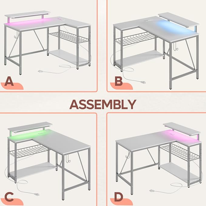 Bestier 42-Inch L-Shaped Computer Desk with Charging & LED, White | Charging 2AC+USB+Type-C, RGB LED 7 Colors/22 Modes, Reversible Storage Shelves, Headphone Hook, Small Space, 42x31.5 in