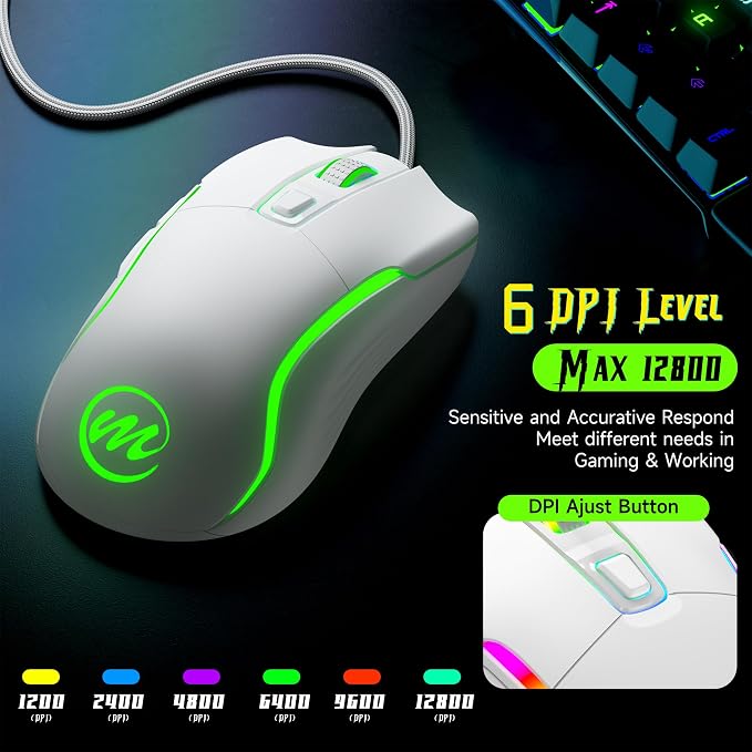 memzuoix Wired Gaming Mouse with RGB - 6 Adjustable DPI up to 12800, 6 Buttons, 12 Lighting Modes, Ergonomic Design with Anti-Slip Rubber Wheel, 5.6ft Braided Cable for PC/Mac/Windows - White