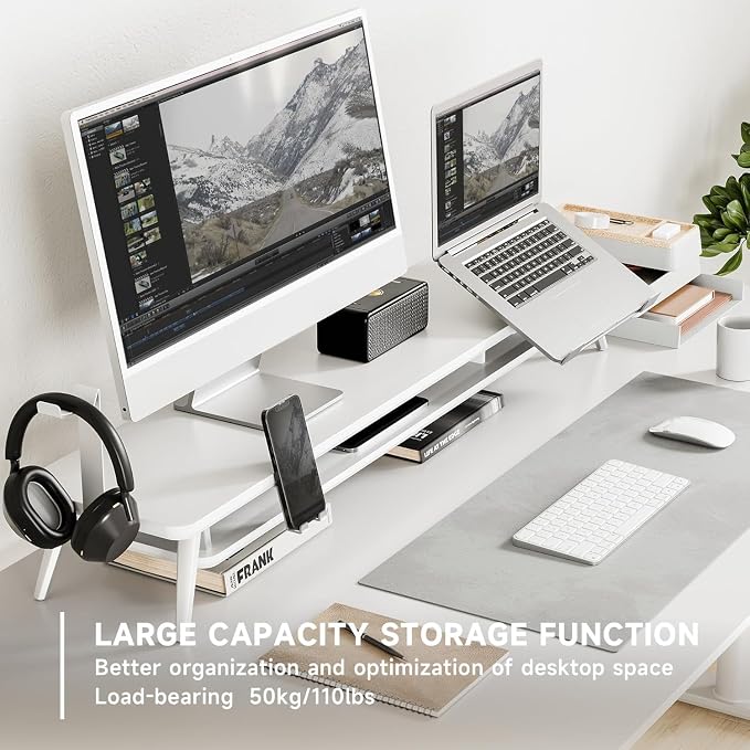 Fenge Dual Monitor Stand, Monitor Riser for 2 Monitors with Adjustable Laptop Riser , 42.5 Inch Desk Shelf for Top of Desk with Phone Holder& Headphone Stand