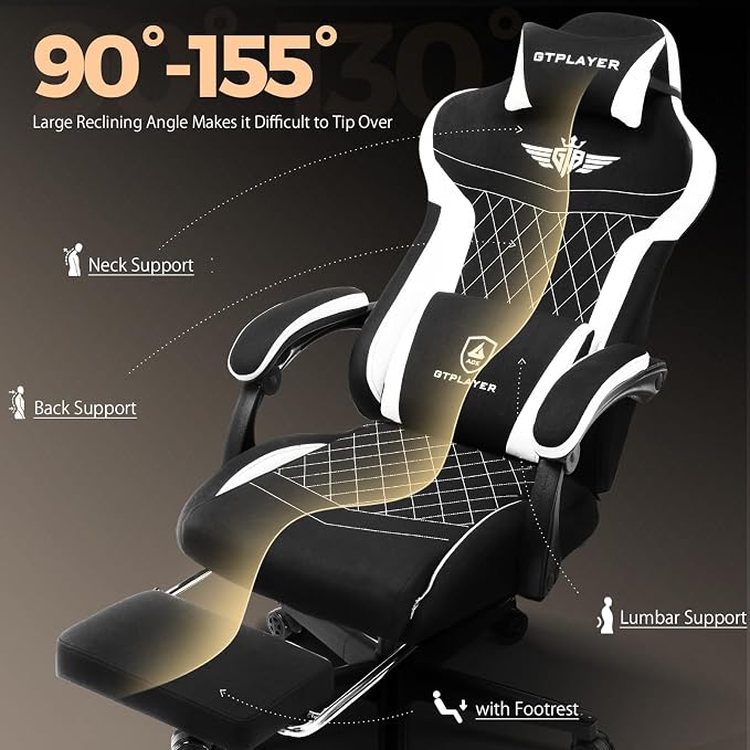 GTPLAYER Gaming Chair with Footrest, Big and Tall Game Chair High Back Computer Office Chair with Lumbar Support for Adults, Ergonomic Swivel Games Chair with Cushion Gaming, Fabric Black