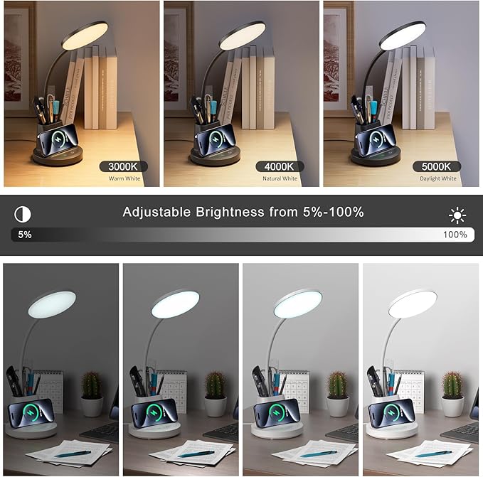comzler LED Desk Lamp with Wireless Charger Pen Phone Holder, Black Desk Lamp for Home Office, Dimmable Desk Light 3 Color Modes, College Dorm Study Lamp for College Dorm, CRI 90 800 Lumen