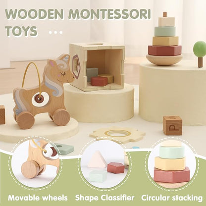 FReniland Montessori Toys for 1 Year Old，3-in-1 Wooden Baby Toys，Wooden Stacking Toy，Toddler Shape Sorting Cube, Unicorn Ring Toy