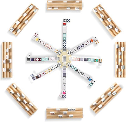 Mexican Train Dominoes Set with 8 Wooden Trays/Racks, Double 12 Dominos Travel Set with 8 Domino Tiles Holders, 91 Tiles Double 12 Colored Dominoes Game Set with Portable Case for Families Kids