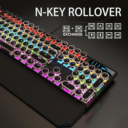 Camiysn Typewriter Style Mechanical Gaming Keyboard, Black Retro Punk Gaming Keyboard with RGB Backlit, 104 Keys Blue Switch Wired Cute Keyboards, Round Keycaps for Windows/Mac/PC