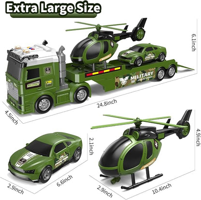 Kids Toys for Ages 3 4 5 6 7 8 Years Old Boys, 25" Large Army Semi Truck with Helicopter & Race Car, Friction Powered Vehicle with Lights & Sounds,Birthday Gift for Boys Girls