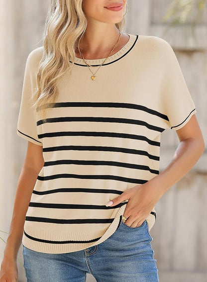 SHEWIN Womens Tops Trendy Short Sleeve Shirts Crewneck Lightweight Knit Sweater Top Business Casual Outfits