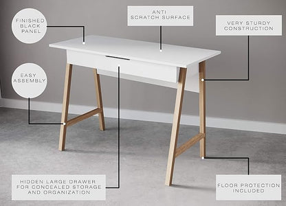 PARMA 42 Inch Modern Desk - Home & Office Small Computer Desk with Wide Drawer - Wooden Study Writing Minimalist Desk with Storage for Small Space, Bedroom & Workstations - Student Desk/Table (White)