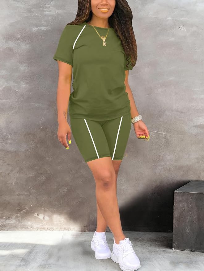 STOLKISS Women 2 piece Short Sets Classic Striped Outfits Summer Casual Short Sleeve T-Shirt and Short Jogger Tracksuits Sets