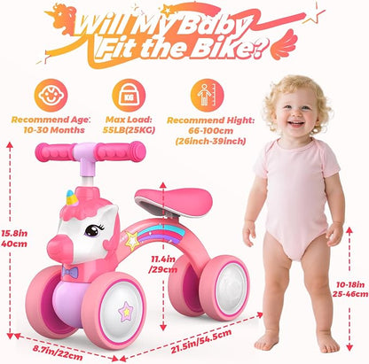 Unicorn Baby Balance Bike Ride on Toys for 1 2 Year Old, Toddler Bike, Birthday Gifts for 1 2 Year Old Girls, Colorful Lighting Silent Wheels, No Pedal, Safe Baby First Bike & Birthday Gift
