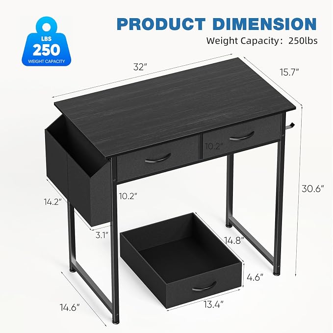 OLIXIS 32 Inch Small Desk, Computer Desk, Home Office | Fabric Drawers, Side Bag, Headphone Hook, Writing Study Work Table, Bedroom, Sleek Black