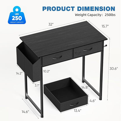 OLIXIS 32 Inch Small Desk, Computer Desk, Home Office | Fabric Drawers, Side Bag, Headphone Hook, Writing Study Work Table, Bedroom, Sleek Black