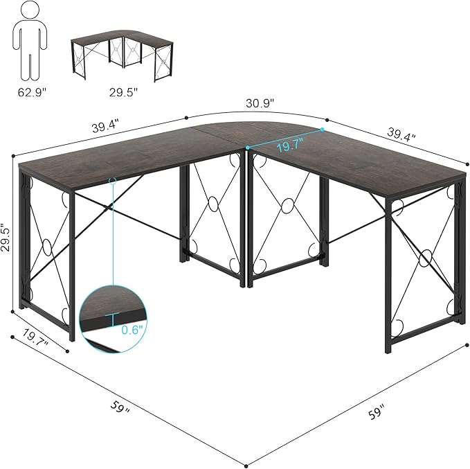 VECELO 59"x59" L Shaped Desk for Computer Gaming Multi-Usage Long 2 Person Table for Home Office Sturdy Writing Workstation, Easy Assembly/Saving Space, Oak Gray