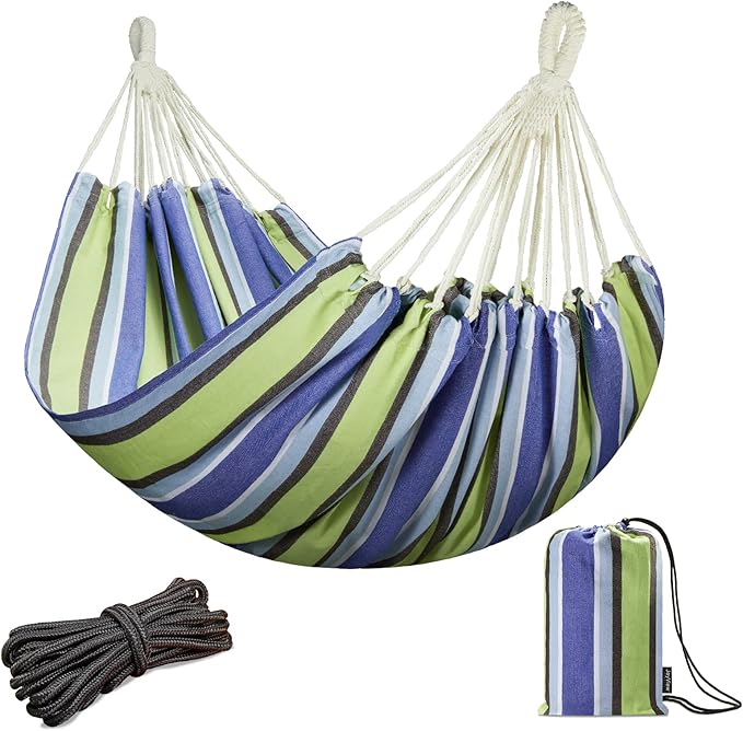 JoyView Brazilian Double Hammock with Hanging Ropes Extra Large 86.6x59” Portable Cotton Hammock for Patio Backyard Porch 450LBS Weight Capacity Perfect for Outdoor/Indoor - Blue & Green Stripes