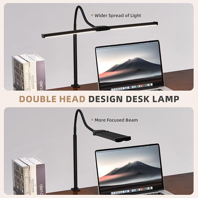 Voncerus LED Desk Lamp for Home Office, Double Head Architect Light with Clamp, Computer Monitor Clip on Light, 3 Modes and 10 Brightness, Adjustable Flexible Goose-Neck, Table Task Lamp, Black