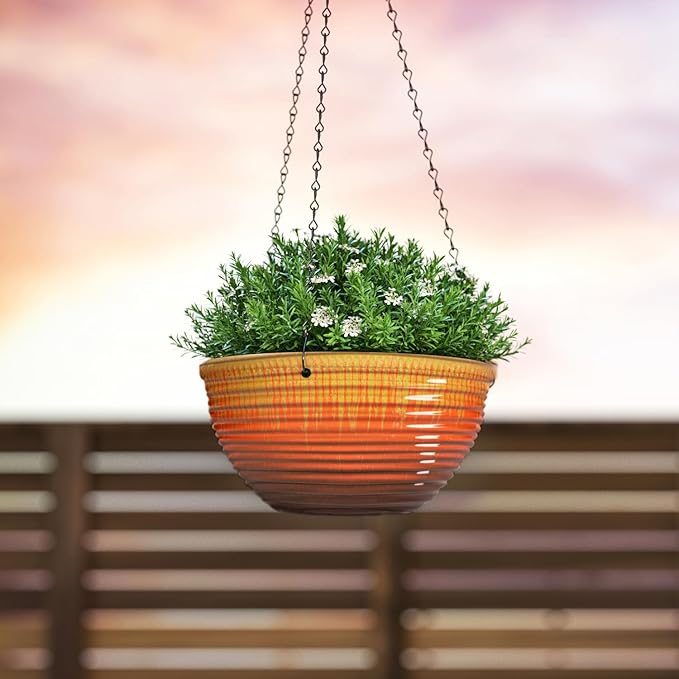 10inch Hanging Planters for Indoor and Outdoor Plants, 2 Pack Hanging Planter with Drainage Hole, Round Hanging Flower Pots for Garden Home Decor (Orange Glaze)