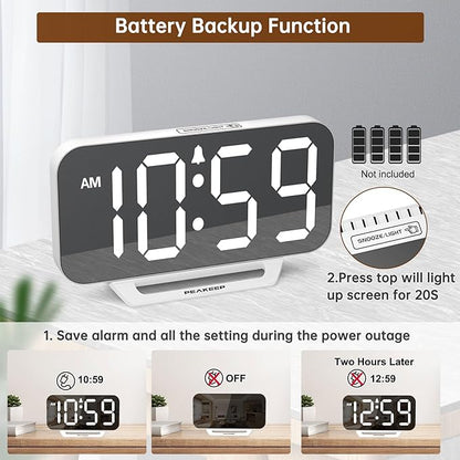 Peakeep Slim Digital Mirror Aesthetic Alarm Clock for Bedrooms Desk Decor | Plug in Electric Big LED Modern Small Clock for Office Living Room, Battery Backup, 6 Dimmers (White)