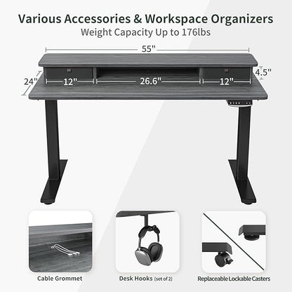 FEZIBO 55 x 24 Inch Height Adjustable Electric Standing Desk with Double Drawer, Stand Up Desk with Storage Shelf, Sit Stand Desk, Grey