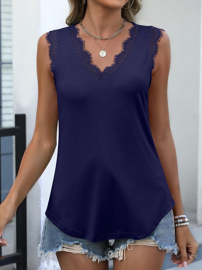 ANRABESS Womens Lace Trim Tank Tops V Neck Sleeveless Shirts 2026 Summer Casual Trendy Dressy Cami Top