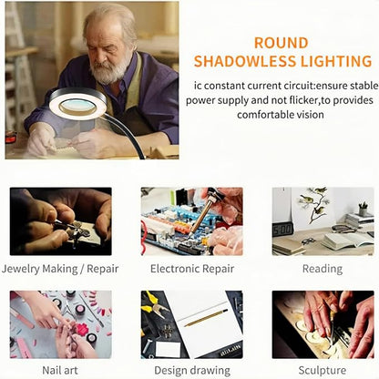 Magnifying Glass with Light and Stand 10X, Craft Lamp Adjustable Gooseneck Clip on Lamp 12W 3 Colors Dimmable LED Desk Lamp Lighted magnifying glass for Working,Studying Crafting Professionals