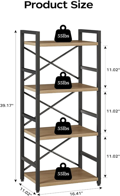 Bookshelf, Kid's Bookshelf, 4 Tier Small Bookcase, Metal Small Bookcase, Book Shelf Organization and Storage for Living Room, Bedroom, and Home Office (Light Coffee)