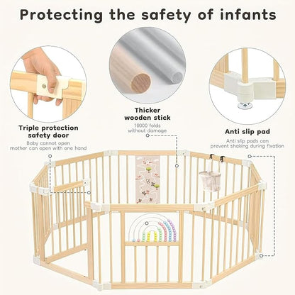 Ulnxiy Wooden Baby Playpen with Montessori Toys, 8-Panel Foldable Wood Play Yard for Toddlers, 56"x56" Large Baby Fence with Safety Lock, CPC Certified Natural Pine Wood Activity Center
